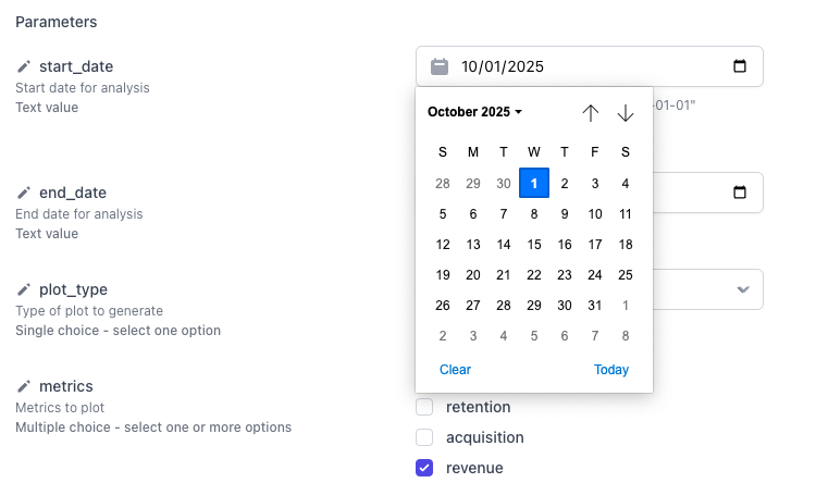 Parameter form interface